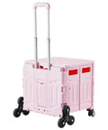 Foldable Utility Cart 65L Portable Crate Rolling Cart With Stair Climbing Wheels and 360 Swivel Wheels, pink with telescoping handle.
