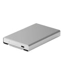 Rock Solid 2.5 Inch SATA HDD SSD External Enclosure in silver aluminum, featuring a USB 3.0 Type C port for quick access.