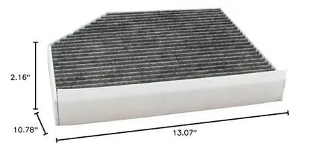Side view of Premium Activated Carbon Cabin Air Filter for Porsche Macan and Audi Q5, dimensions 13.07" x 10.78" x 2.16"