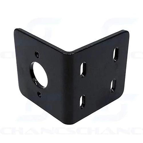 Motor mounting bracket, black metal L-shaped front view with multiple holes for Micro 775 DC motors