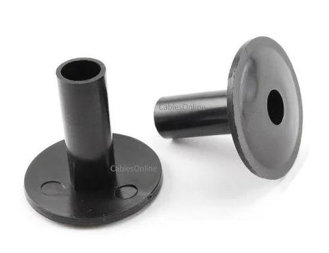 Two black plastic coaxial cable feed-through wall protector bushings.