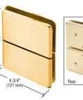 Gold Plated Glass To Glass Mount Hinge With Top And Bottom Mount Design For Half Inch Tempered Glass, front and rear view with dimensions.