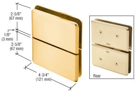 Gold Plated Glass To Glass Mount Hinge With Top And Bottom Mount Design For Half Inch Tempered Glass, front and rear view with dimensions.