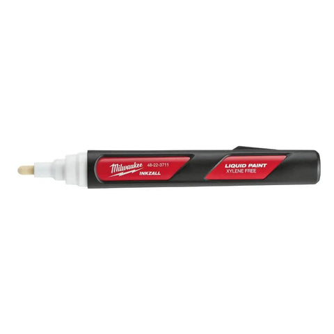 Marker Paint Jobsite Liquid White 48-22-3711 Pro Grade White Marking Marker, side view, black casing with red label.