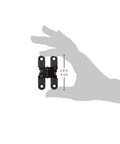 Discreet Zinc Invisible Hinge For Wood Or Metal Cabinets Mortise Mount Three Quarters Inch To One Inch Thick Opens One Hundred Eighty Degrees Fully Concealed When Closed Sleek Black E Coat Exterior Finish Pack Of Two SOSS 204CUS19 Zinc Hinges With Holes against grey hand silhouette, measuring 2.6 inches.