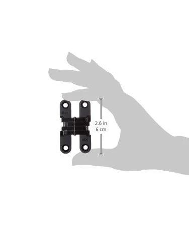 Discreet Zinc Invisible Hinge For Wood Or Metal Cabinets Mortise Mount Three Quarters Inch To One Inch Thick Opens One Hundred Eighty Degrees Fully Concealed When Closed Sleek Black E Coat Exterior Finish Pack Of Two SOSS 204CUS19 Zinc Hinges With Holes against grey hand silhouette, measuring 2.6 inches.