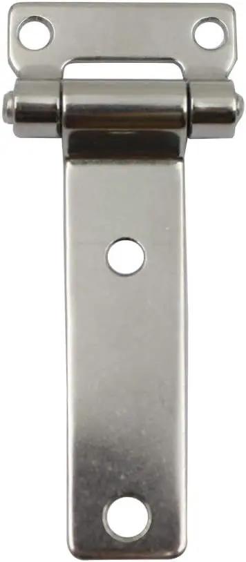 Front view of a sturdy solid forged stainless steel T Type table hinge with high polished finish for wooden cabinets and doors.