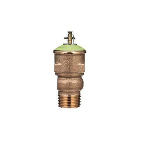 P1000AXL-125C brass pressure relief valve with green cap and threaded bottom outlet.