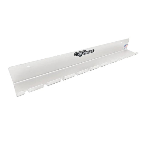 No Fuss Wall Mounted Air Tool Rack Organizer For Garage Shop Or Enclosed Trailer Holds 10 Pneumatic Wrenches And Guns With Slick Aluminum Build and Beefy USA Craftsmanship Silver side view of the mounted organizer