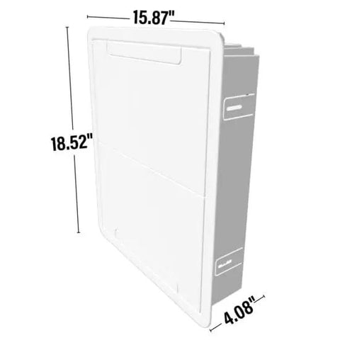 Straight Up Zero Clutter In Wall Media Box, 17 Inch white structured wiring enclosure, side view dimensions shown.