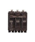 Front view of triple pole 20 amp circuit breaker with bolt on mounting for 120 240 VAC 10 kA interrupt thermal magnetic trip, residential and commercial use.