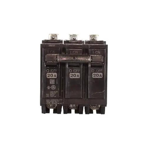 Front view of triple pole 20 amp circuit breaker with bolt on mounting for 120 240 VAC 10 kA interrupt thermal magnetic trip, residential and commercial use.