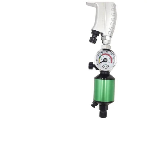 Green Pneumatic Spray Gun Pressure Regulator With Integrated Oil Water Separator And Paint Control Valve 1/4 Inch Thread side view showing control knobs and gauge.