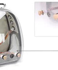 Bird feeder cups with clamp mount on a standing perch; two stainless steel cups for food and water on a clear carrier.