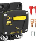 Heavy Duty 50 Amp DC Circuit Breaker With M8 Studs And 6 AWG Lugs, waterproof manual reset switch with terminals and screws.