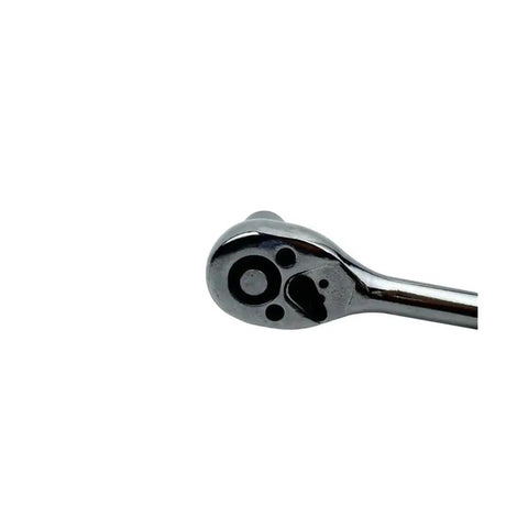 Close-up of ratchet spanner from Twelve Piece Wrench Socket Set With One Quarter Inch, Three Eighths Inch, And Half Inch Sockets, Extension Rods