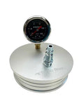 Front view of 4-inch aluminum boost leak tester end cap with 15 psi gauge and T-bolt clamp