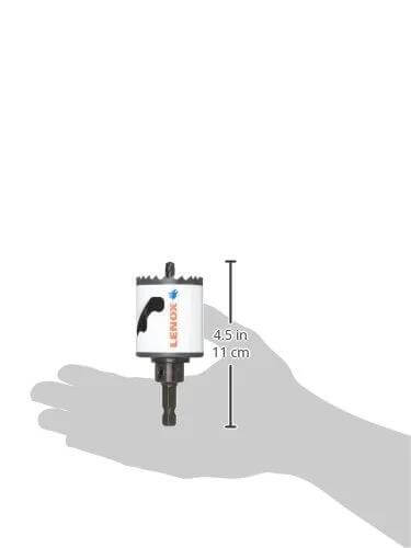 Lenox hole saw with arbor and speed slot, 1-3/4 in diameter, front view held in hand