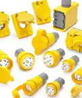 Heavy Duty 60 Amp 277 480 Volt IEC Sight Switch 4 Pole 5 Wire Industrial Power Distribution Connector assortment in yellow.