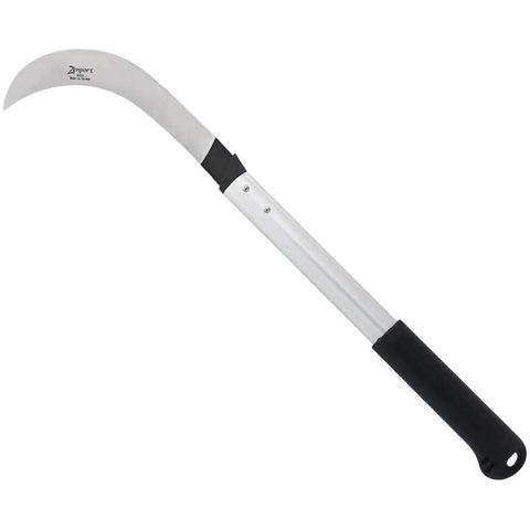 Beefy Heavy Duty Harvest Sickle with carbon steel blade, aluminum handle, black soft rubber grips, 14.5 inch shaft, 9 inch blade.