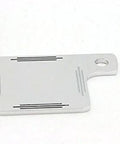 Chrome state-inspection tag renewal holder plate for motorcycles, front view with mounting hole.