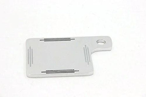 Chrome state-inspection tag renewal holder plate for motorcycles, front view with mounting hole.