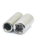 Two silver metal 1/4 square to 1/4 hex drive adapters with hollow female ends