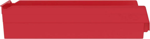 Side view of red Heavy Duty Plastic Shelf Bin for Garage, Closet, and Drawer Organization, 18 x 11 x 4 Inches, fits 12, 18, 24 inch shelves.