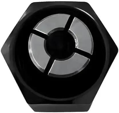 Top view of a hexagonal nut from the Router Collet And Nut Set With Reducer Sleeves 6 Piece Kit Includes 1/4 Inch 1/2 Inch And 12 mm Collets.