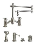 Solid Brass Bridge Faucet With An Eighteen Inch Articulated Spout And Twin Cross Handles Finished In Matte Antique Pewter.