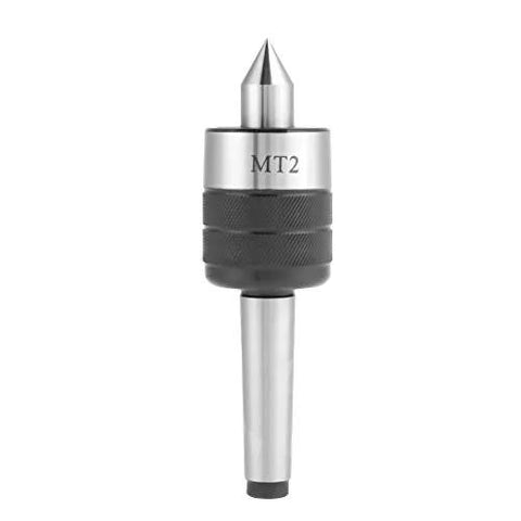 MT2 live center for lathe with 60° point, metal body and knurled grip (front view)