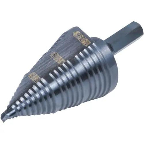 Ultimate Step Drill Bit Set For 7/8 To 1-3/8 Inch Holes With Double Fluted Design, Easy Read Step Markings, 3/8 Inch Hex Shank