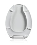 Elongated Toilet Seat With Lid And Open Front Design Super Comfy Slow Close Hinge White Quick Clean Finish Protective Side Bumpers Fits Standard Bowls Ultimate Bathroom Upgrade, top view.