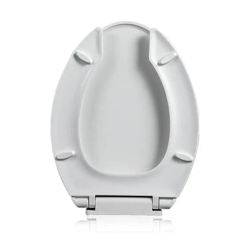 Elongated Toilet Seat With Lid And Open Front Design Super Comfy Slow Close Hinge White Quick Clean Finish Protective Side Bumpers Fits Standard Bowls Ultimate Bathroom Upgrade, top view.