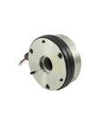 Front view of forklift electromagnetic brake unit; circular metal flange with central splined hole and wiring