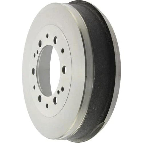 Centric C-Tek rear brake drum, silver metal with circular bolt-hole pattern around hub and dark inner surface