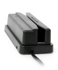 Rugged 1D Barcode Card Reader with IP54 seal, wide reading slot, USB cable, side view, black material, for multi-directional installation.