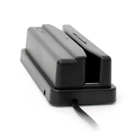 Rugged 1D Barcode Card Reader with IP54 seal, wide reading slot, USB cable, side view, black material, for multi-directional installation.