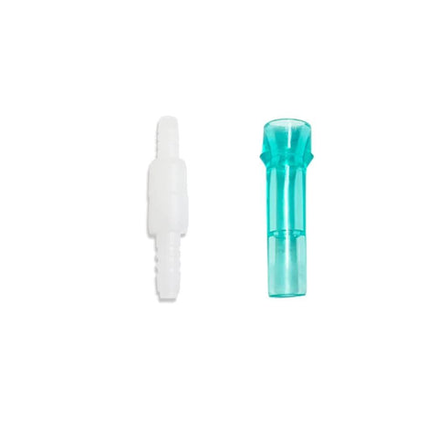 Front view: two oxygen tubing swivel connectors, white and teal, standard male/female ends