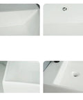 Detailed views of Bathroom Sink White Ceramic Balcony Wall-Mounted Sink Modern Simple Square Sink with smooth finish and drain hole.