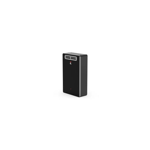 Rock Solid Outdoor Natural Gas Tankless Water Heater With Smart Voice Control and Top Shelf 140000 Btu Efficiency, compact black design.
