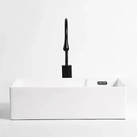 USZWBY Vessel Sinks Nordic Ceramic Table Basin Side Corner Drainage Washing Machine Balcony Home Washbasin Pool with Washboard Bathroom Bowl Sink, rectangular white sink with black faucet.