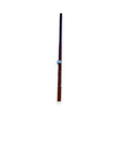 Extended view of a tall wooden stick with metal attachments against a white background.