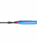 Side view of Curve Wire Stripper And Cutter For 6-12 AWG Stranded Wire, 7-1/8 Inch Hand Tool with blue handle and precision stripping holes