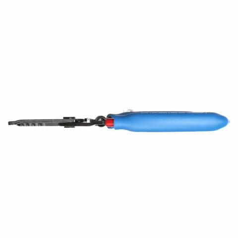 Side view of Curve Wire Stripper And Cutter For 6-12 AWG Stranded Wire, 7-1/8 Inch Hand Tool with blue handle and precision stripping holes