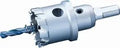 Tungsten Carbide Tipped Hole Cutter 4-1/2 Inch Up To 1 Inch Depth Triple Edge Cutting System shown close-up with drill bit attached.