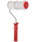 Pro Grade Texture Paint Roller Delivers Killer Brick and Rustic Stone Looks on Interior Walls Patio Walkways and DIY Renovations Effortless Glide with Zero Sweat Red with white microfiber cover.