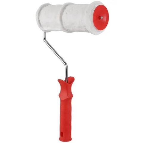 Pro Grade Texture Paint Roller Delivers Killer Brick and Rustic Stone Looks on Interior Walls Patio Walkways and DIY Renovations Effortless Glide with Zero Sweat Red with white microfiber cover.