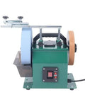 Pro Grade Electric Knife Sharpener And Water Cooled Bench Grinder Built For Wet Or Dry Grinding On Chisels And Plane Blades Featuring A Hassle Free Cooling Rig For Dead Fast Results side view with water cooling system and grinding wheels