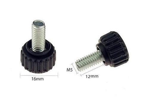 Two M5 thumb screws with round knurled plastic head, 16mm diameter, 12mm length; 20 Piece M5 Thumb Screws Grip Knobs For Machinery And Equipment With Storage Case Round Knurled Plastic Head Built To Last Durable Metal And Thermoset Plastic M5 X 12 Handy Grip For Quick Tightening Great For Furniture Racks Tools And More.